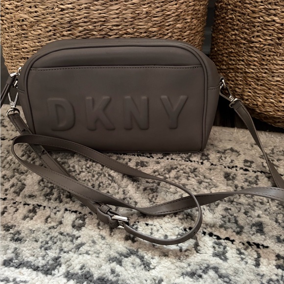 Dkny Handbags - DKNY Taupe Gray Logo Leather Crossbody Bag